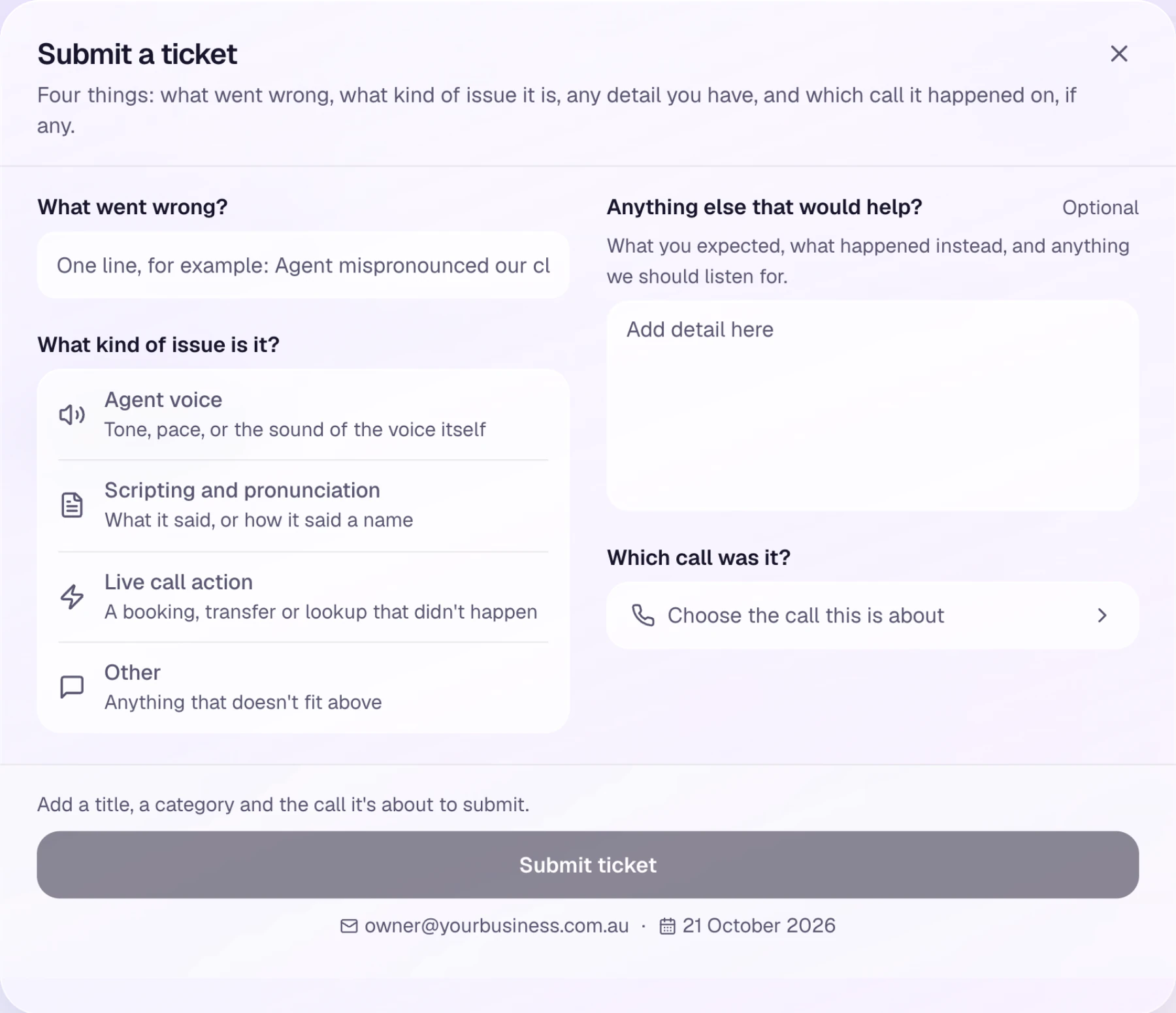 The ticket form with issue types